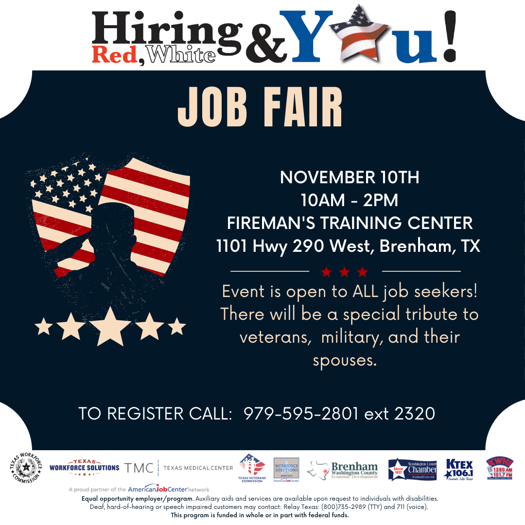 Red White You job fair flyer - November 10, 2022 from 10 am to 2 pm at Fireman's Training Center, Brenham Texas